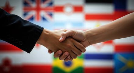 Business handshake with diverse international flags creating diplomatic partnership background. Global cooperation and multicultural relations concept