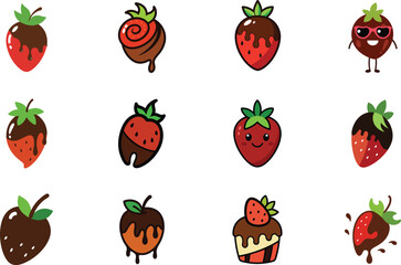 set of Chocolate Dipped Strawberry Cute Doodle Vector Art.