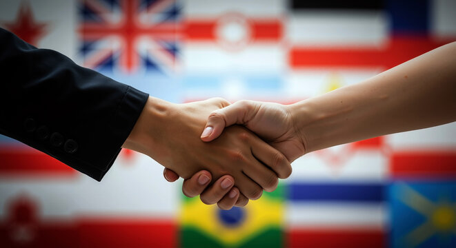 Business handshake with diverse international flags creating diplomatic partnership background. Global cooperation and multicultural relations concept