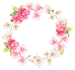 Watercolor cute gentle floral wreath with camellias and orchids in soft pink tones. Hand painted round frame perfect for wedding cards, seasonal designs and elegant print projects
