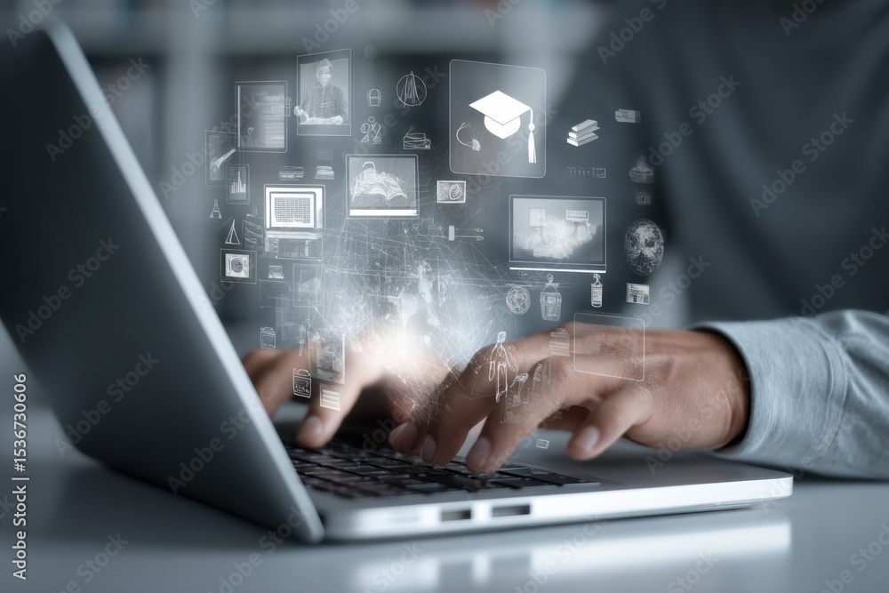 Poster hands typing on laptop with educational icons overlay, representing online learning and digital tran