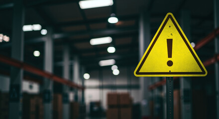 Yellow triangular caution sign with exclamation mark in industrial warehouse facility. Workplace safety warning and hazard alert concept