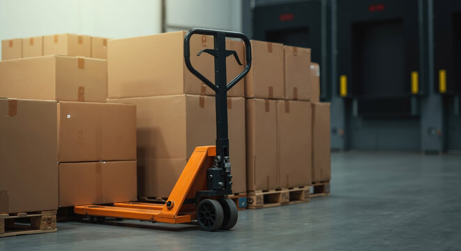 Orange pallet jack positioned next to stacked cardboard boxes on wooden pallets in industrial warehouse. Material handling and distribution center concept