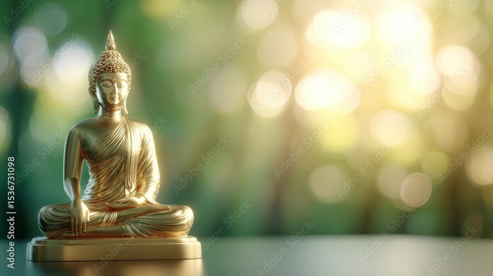 Poster golden buddha statue meditating peacefully against bokeh background, symbolizing spirituality and in