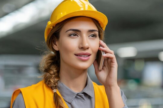 Woman in hardhat and safety vest talking on a phone