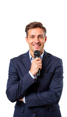 Naklejka premium Confident man smiling while holding a microphone in a formal suit 