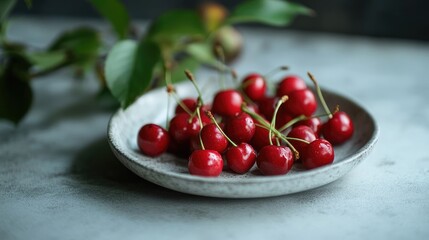 A plate of fresh red cherries with green leaves on a textured surface. The cherries are shiny and ripe, showcasing their vibrant color and natural beauty.