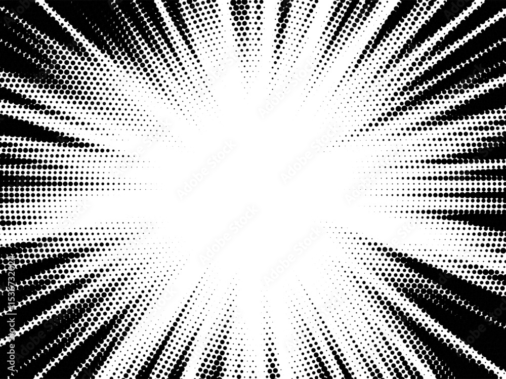 Poster Halftone gradient sun rays pattern. Abstract halftone vector dots background. monochrome dots pattern. Vector background in comic book style with sunburst rays and halftone. Retro pop art design.