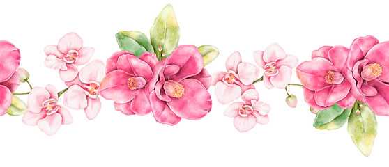 Watercolor floral seamless repeatable border featuring cream white orchids, camellia with green buds. Gentle hand painted illustration perfect for nature inspired designs, cards and product packaging.