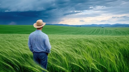 A person in a straw hat stands in a lush green field, gazing at the horizon beneath a dramatic sky filled with dark clouds.
