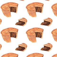 English pies watercolor pattern. Shepherd pie food illustration. English famous cuisine background. Realistic cute hand drawn style. White background.