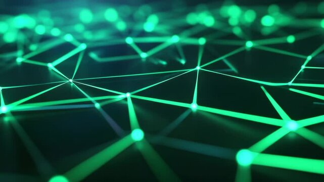 Neon green glowing network connection with digital nodes and lines, abstract futuristic technology design symbolizing data flow and communication in modern system - Powered by Adobe