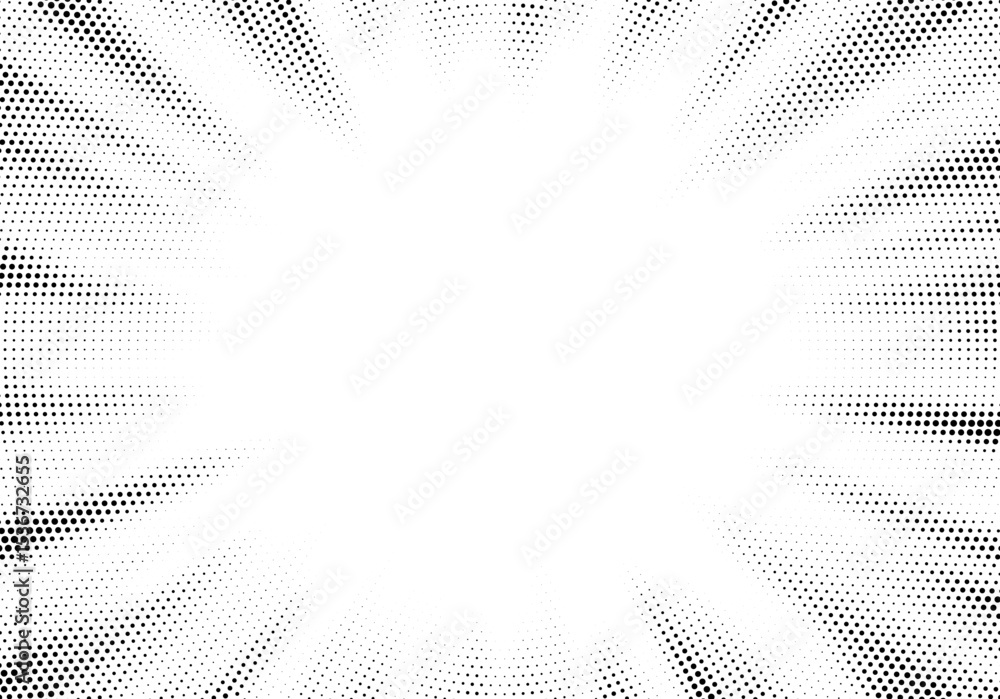 Poster Halftone gradient sun rays pattern. Abstract halftone vector dots background. monochrome dots pattern. Vector background in comic book style with sunburst rays and halftone. Retro pop art design.	