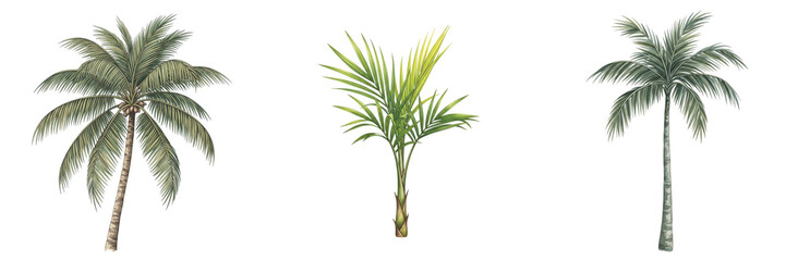 Elegant Watercolor Illustrations of Palm Trees: Showcasing Different Species from Tall Trunks to Young Saplings