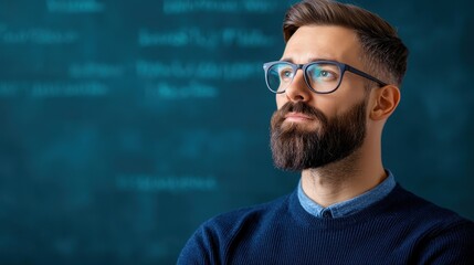 A thoughtful man with a beard and glasses gazes upward against a blue background filled with text, suggesting contemplation or analysis.