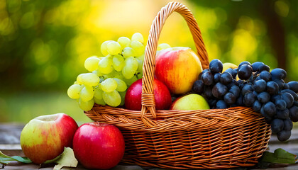 A wicker basket overflowing with ripe red and green apples and bunches of green and dark grapes sits on a rustic wooden surface against a blurred natural backdrop.