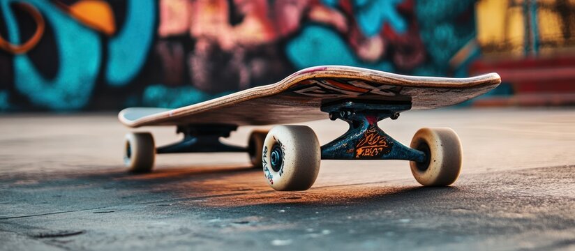 A skateboard resting on a textured surface, with vibrant graffiti in the background.