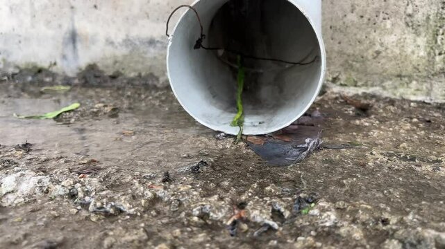 Rainwater drainage from PVC pipe during wet weather, stormwater runoff and urban drainage system concept