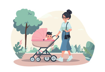 Mother Walking with Baby in Stroller – Cartoon Vector Illustration
