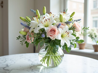 "Elegant glass vase holding a bouquet of white lilies, blush roses, lavender sprigs, and greenery; placed on a marble tabletop with natural window light and light neutral backdrop