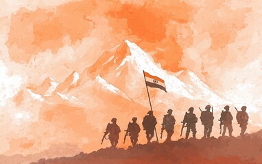 Kargil vijay diwas watercolor background design with group of soldiers in mountain.
