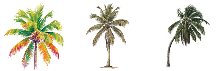 Obraz premium Vibrant Watercolor Illustrations of Diverse Palm Trees: Showcasing Varying Heights, Frond Colors, and Tropical Aesthetics