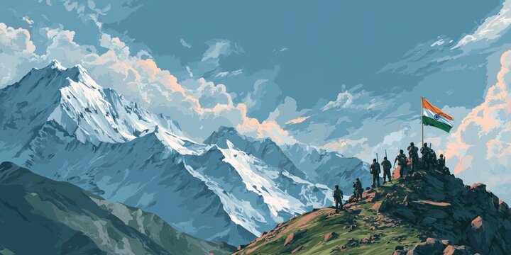 Kargil vijay diwas illustration with group of soldiers in mountain.
- Powered by Adobe