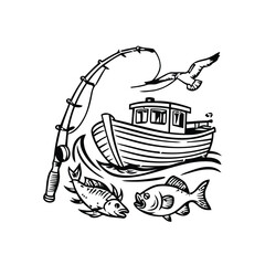 Fishing Rod Cast from Boat with Two Fish in Water and Bird Overhead, Minimalist Black Line Vector for Outdoor, Marine, and Nature Themes