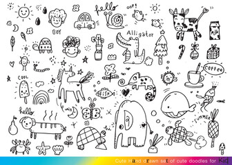 Collection of hand drawn cute doodles,Doodle children drawing,Sketch set of drawings in child style,Funny Doodle Hand Drawn,Page for coloring, cute animal hand drawn, cute Doodle