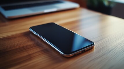 A modern smartphone rests on a wooden surface.