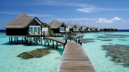 Overwater bungalows on a tropical island paradise.