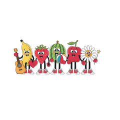 Cute Cartoon Fruit and Flower Characters with Fun Expressions and Accessories