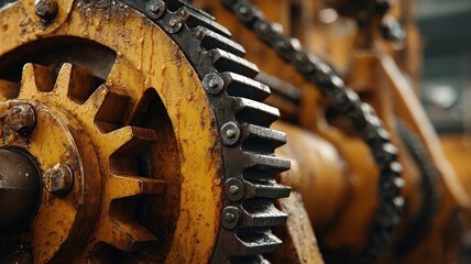 Close-up on the intricate gears and moving parts of heavy machinery, showcasing the mechanics and precision