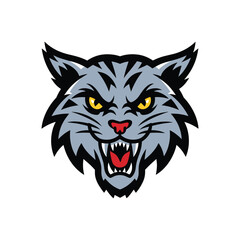 Angry Grey Wildcat Head Mascot Logo with Roaring Face and Sharp Fangs