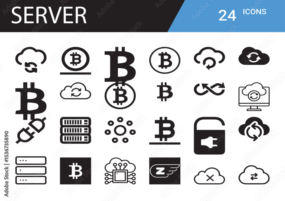Poster server icon collection: a complete set of server vector icons symbolizing technology, connection, an