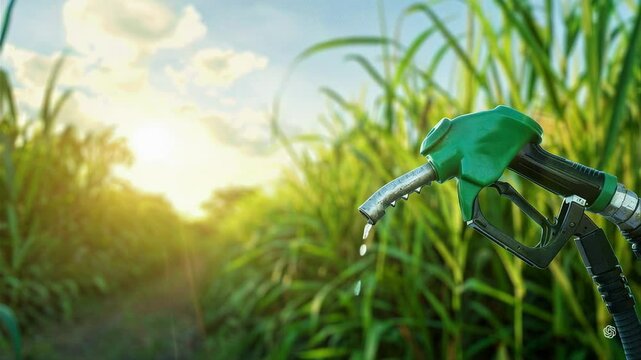 An eco-friendly gas station pours biofuel or gasoline into a corn field at sunset. Lens flare effect. Windy. Sustainable production. Biodiesel.