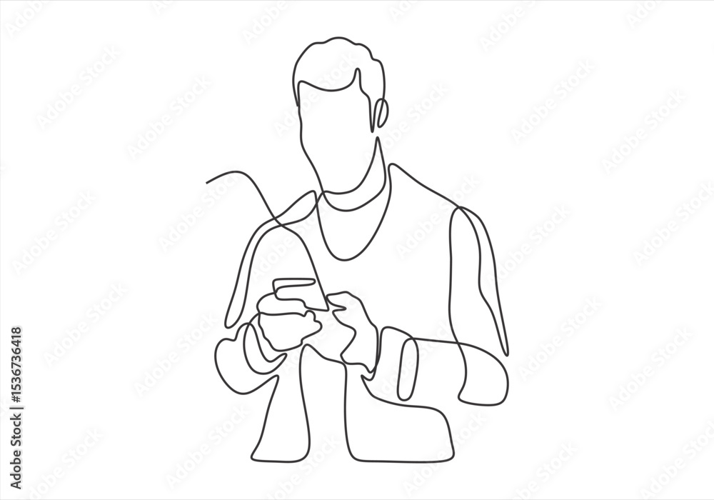 Poster man focused on smartphone a single line drawing. line icon-continuous line drawing. editable stroke.