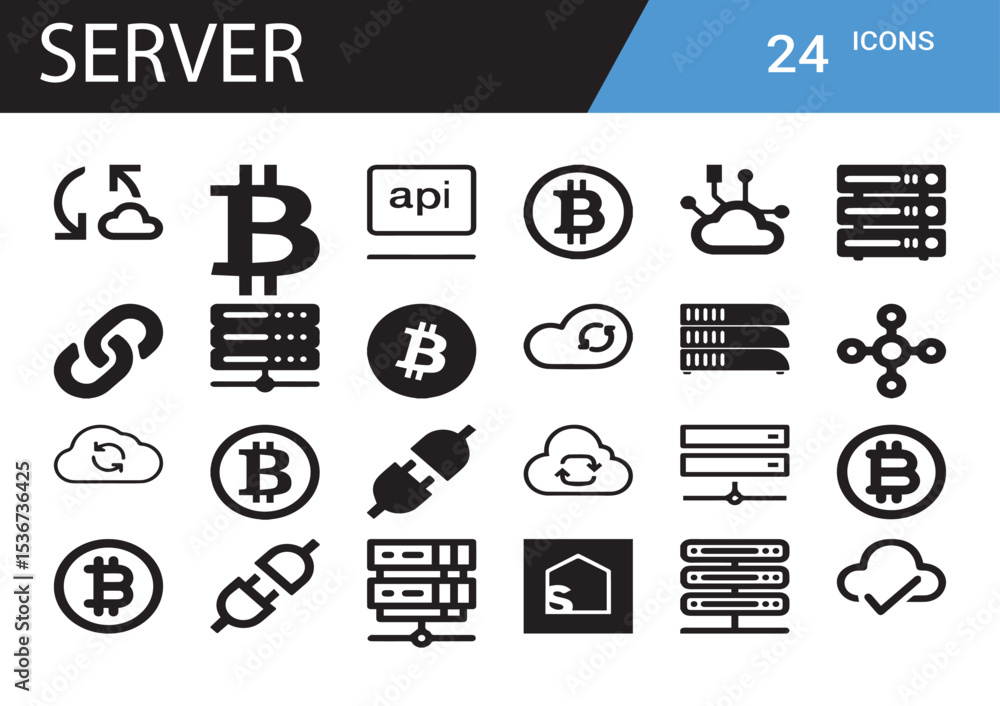 Poster server icon set: a sleek collection of 24 vector icons symbolizes the diverse facets of digital serv