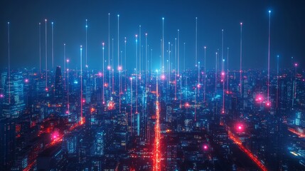 Futuristic cityscape with bright neon lights and digital lines, creating an atmosphere of technological future. Ideal for technology blogs, innovative product presentations and science fiction.