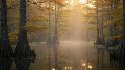 Golden Sunlight Illuminates Autumnal Cypress Trees In Wetland Landscape - Powered by Adobe