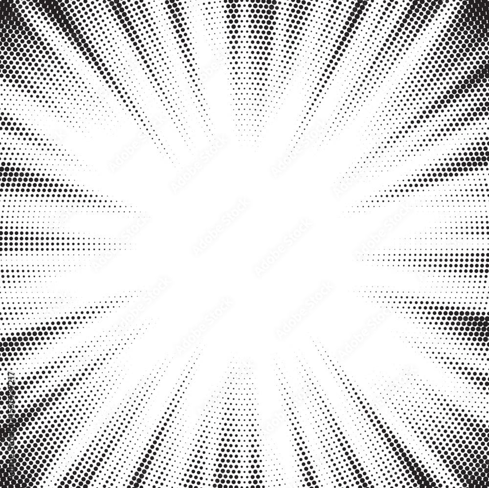 Fototapete Halftone gradient sun rays pattern. Abstract halftone vector dots background. monochrome dots pattern. Vector background in comic book style with sunburst rays and halftone. Retro pop art design.