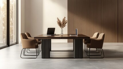 Modern conference room with large table, beige chairs, and warm lighting