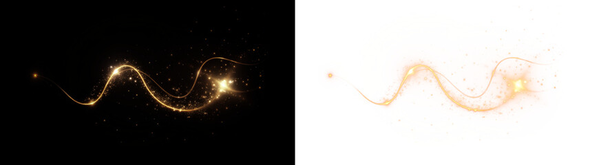 Gold, glistering, glittering, trail, and shine merge in a sparkling PNG Overlay. A transparent tail of magic light swirls over a festive black background in this elegant PNG design. © slavo484