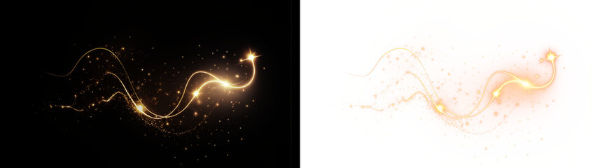 Gold, glistering, glittering, trail, and shine merge in a sparkling PNG Overlay. A transparent tail of magic light swirls over a festive black background in this elegant PNG design.