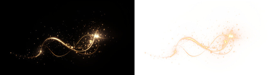 Gold, glistering, glittering, trail, and shine merge in a sparkling PNG Overlay. A transparent tail of magic light swirls over a festive black background in this elegant PNG design. © slavo484