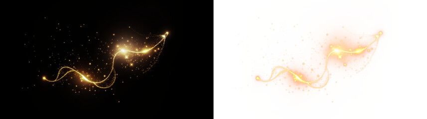 Gold, glistering, glittering, trail, and shine merge in a sparkling PNG Overlay. A transparent tail of magic light swirls over a festive black background in this elegant PNG design. © slavo484