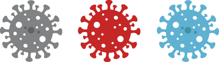 Vector Illustration of Three Different Colored Coronavirus COVID-19 Virus Cell Icons in Grey, Red, and Blue on White Background flat vector illustration