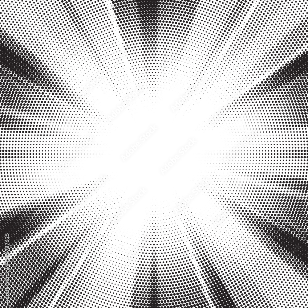 Poster Halftone gradient sun rays pattern. Abstract halftone vector dots background. monochrome dots pattern. Vector background in comic book style with sunburst rays and halftone. Retro pop art design.