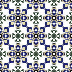Seamless pattern illustration in traditional style. Ikat hand-drawn seamless pattern. Portuguese tiles. Spanish pottery. Design for textiles, rugs, and curtains.