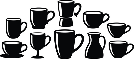 Black and White Vector Illustration of Various Coffee and Tea Cups